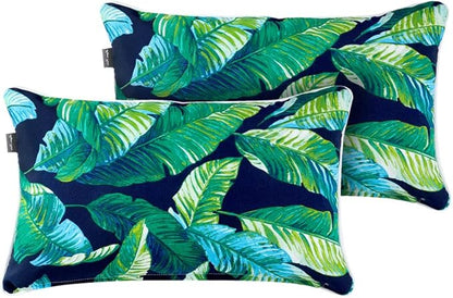 Magpie Fabrics Set of 2 Lumbar Throw Pillow with Insert 12x20 Inch, Outdoor Rectangular Waterproof Home Decorative Toss Cushion for Patio Garden Car Office - Green Lagoon Leaves