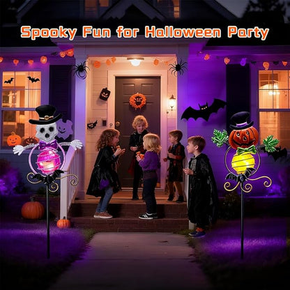 Solar Halloween Decorations Outdoor,2 Pack Pumpkin＆Skull Halloween Metal Yard Stakes,Solar Yard Signs Decorative Garden Stakes for Outside Lawn Patio Pathway