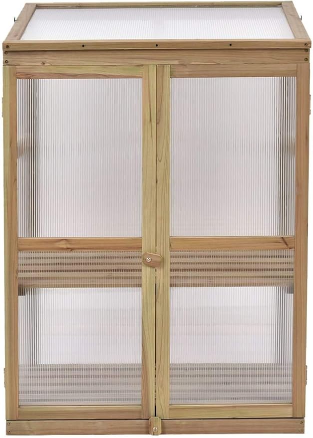 Moccha Greenhouse Wooden Cold Frame, Portable Garden Flower Planter with Removable Shelf and Hinges, Raised Cold Frame with Foldable Top and Side Doors for Outdoor, Porch, Backyard, Balcony