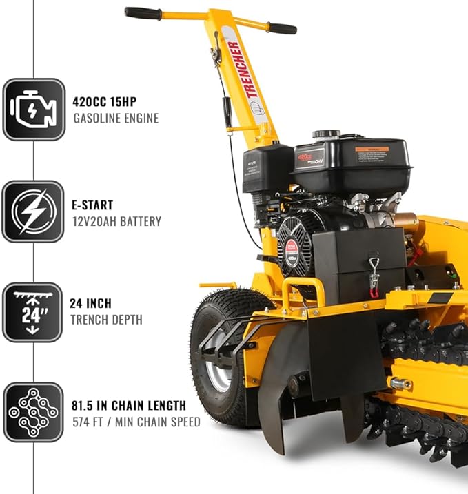 420cc 15HP E-Start Gas Powered Cable Ditching Trencher, 24'' Trench Depth, 27pcs Carbide Alloy High-Pressure Teeths, TCR1500 (Yellow)