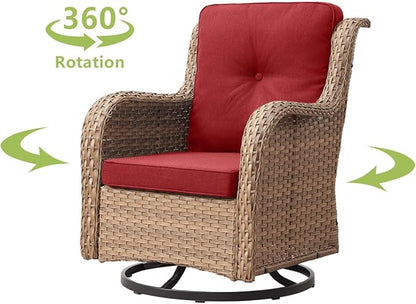 HUMMUH 3-Piece Swivel Rocking Rattan Chair Outdoor, Patio Bistro Furniture Conversation Set, Cushioned Wicker Chair with Glass Coffee Table(Yellow,Red)