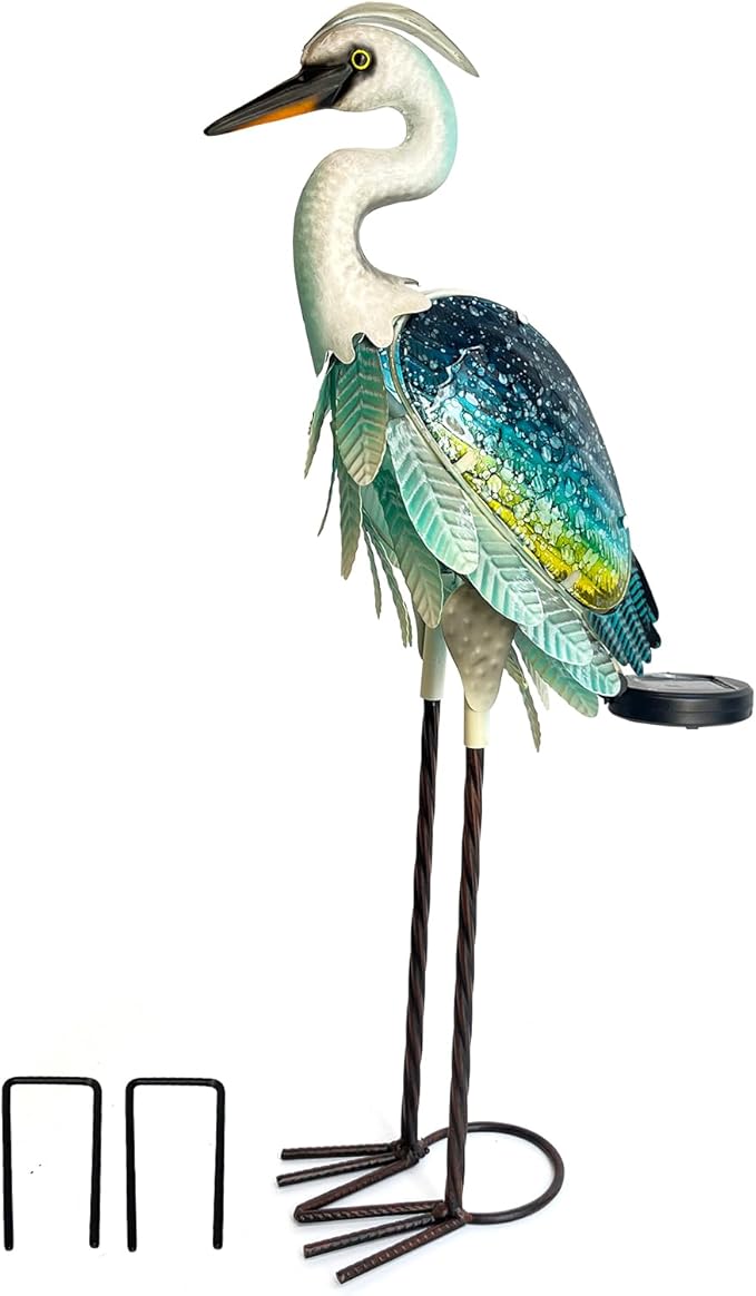 HONGLAND Solar Heron Metal Crane Statue Garden Heron Sculpture, Glass Outdoor Crane Yard Art Coastal Ocean Bird Decor 24 Inch Lawn Ornament for Backyard Porch Patio Decor（Green）
