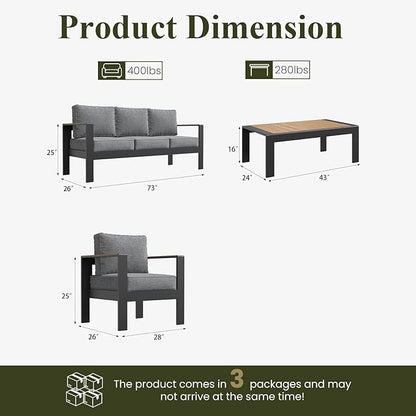 LayinSun 4 Piece Aluminum Outdoor Furniture Set with Coffee Table, Outside Patio Deep Seating Conversation Set with Upgraded Washable Thick Cushion