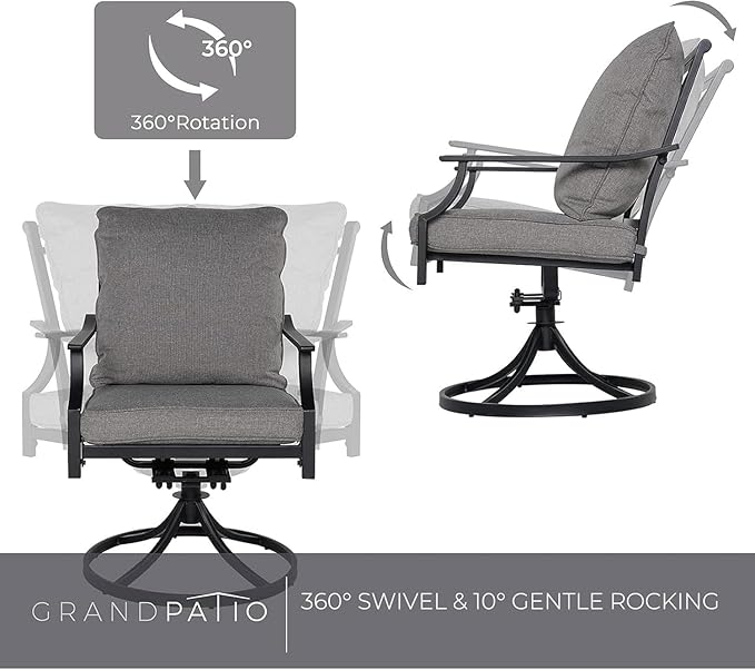 Grand patio Dining Chairs Set of 6，Outdoor Swivel Patio Dining Chairs Set of 6，Swivel Rocker Dining Chair，Outdoor Dining Chairs with Grey Cushions, Patio Chairs for Outside, Garden Lawn Porch