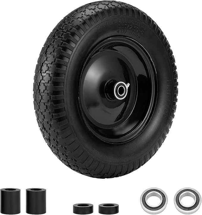 4.80/4.00-8" Flat Free Tire and Wheel 14.5" Wheelbarrow Tire,with 5/8" Axle Bore Hole,3"Center Hub and 3/4" Bearings,Universal Replacement Solid Tire for Hand Truck/Utility Cart/Garden Cart