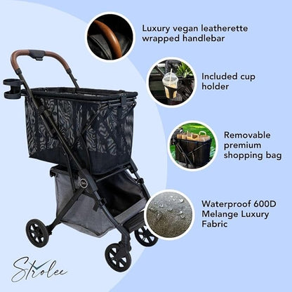 Strolee Personal Luxury Folding Shopping Cart On Premium Wheels – Ultra Lightweight Aluminum Frame – Removable Shopping Bag with Carry Strap & Lower Grocery Storage 75Lbs Capacity (Shadow v2)