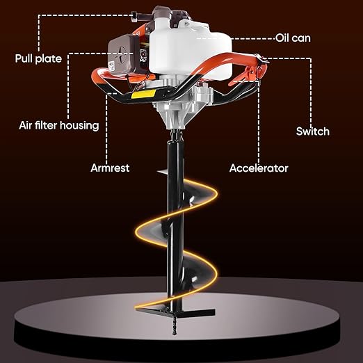 72CC Post Hole Digger, 2 Stroke Auger Post Hole Digger Gas Powered with 2 Augers Drill Bits 6" 8"+1 Extension Rod 31.5", Earth Auger Fit for Farm,Garden