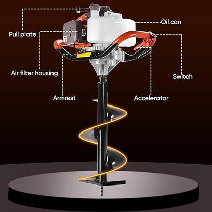 72CC Post Hole Digger, 2 Stroke Auger Post Hole Digger Gas Powered with 2 Augers Drill Bits 6" 8"+1 Extension Rod 31.5", Earth Auger Fit for Farm,Garden