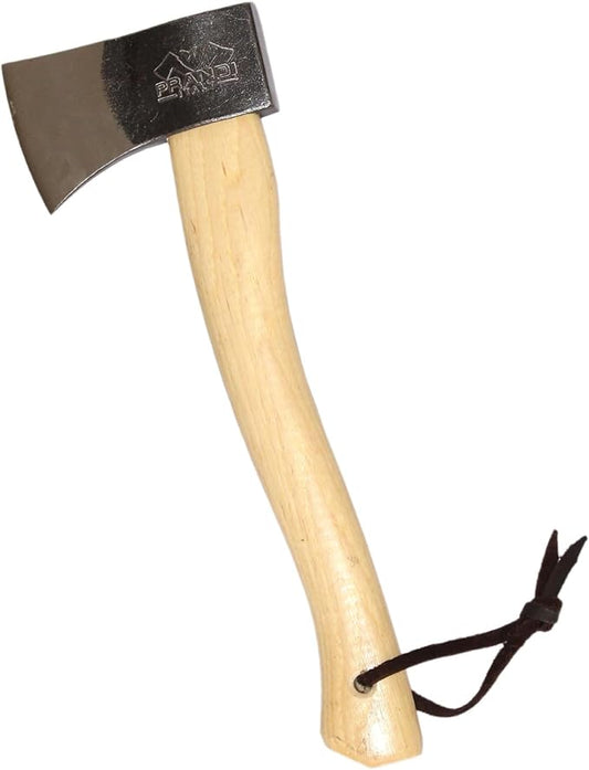 Prandi Axes Yankee C45 Forged Carbon Steel Hatchet - Hickory Handle with Leather String - Ideal for Camping, Travel and Bushcraft - S/N 3.043.06.TH - 15" L x 5.3" 1W, 600g Polished Head, No Sheath