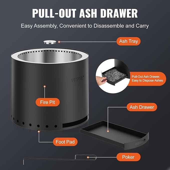 VEVOR 19.3 in Smokeless Fire Pit Stove Bonfire, Wood Burning Fireplaces with Removable Ash Pan, SUS430 Stainless Steel Inner Portable Outdoor Firepit, for Outdoor Patio Camping High 15.4 in