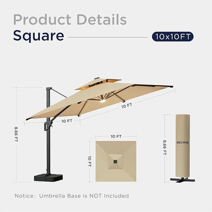 10x10 FT Cantilever Patio Umbrella with Led Lights Double Top Outdoor Square Heavy Duty Offset Umbrellas 360°Rotation Free-motion Track Tilt Windproof for Pool Deck Garden, Beige
