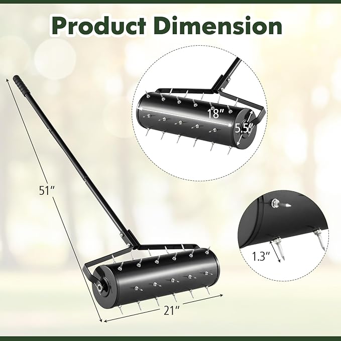 S AFSTAR 21" Manual Lawn Aerator, Heavy Duty Rolling Aerator Lawn Tool Filled Sand Stone with 51" Detachable Handle & Tine Spikes for Soil Loosening, Push Grass Aeration for Garden Yard, Black