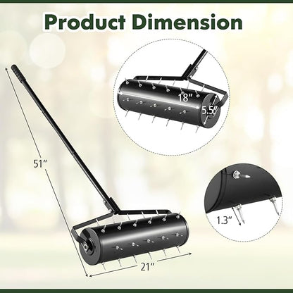 S AFSTAR 21" Manual Lawn Aerator, Heavy Duty Rolling Aerator Lawn Tool Filled Sand Stone with 51" Detachable Handle & Tine Spikes for Soil Loosening, Push Grass Aeration for Garden Yard, Black