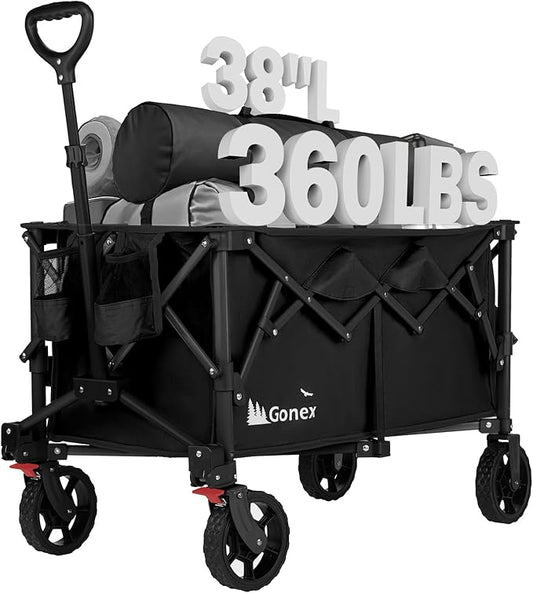 Gonex 38''L Collapsible Foldable Wagon Cart with 360lbs Weight Capacity, 220L Folding Utility Garden Cart with Detachable Wheels for Grocery Sports Shopping Camping - Black