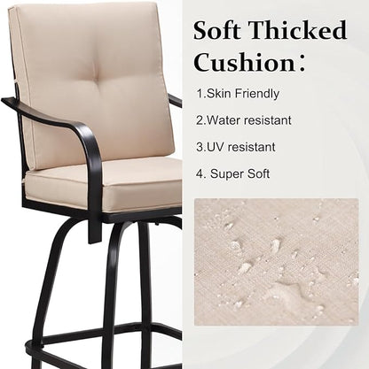 Patio Swivel Bar Stools, Outdoor High Back Swivel Bar Chair Set of 6 with Cushion & All Weather Steel Frame for Backyard, Lawn, Poolside and Balcony, Beige