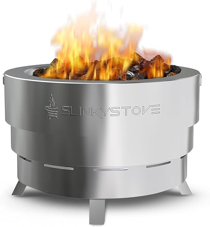 Slinky Stove Smokeless Fire Pit for Outdoor Wood-Burning - 23-Inch Patented Collapsible Firepit with Cooking Grill - Portable Stainless Steel Solo Pit for Camping, Backyard, Patio Bonfires