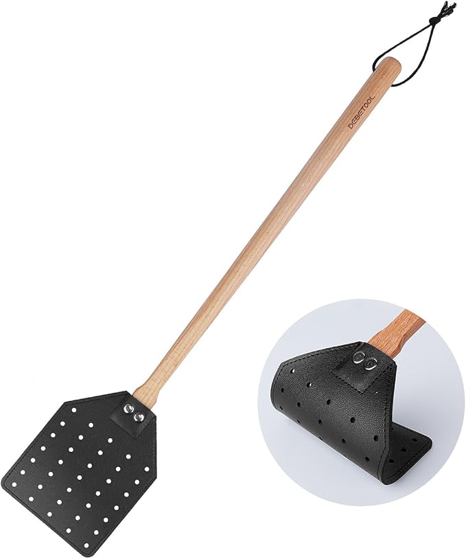 Fly Swatter - Long Hand Wood Fly Swatters with Hanging Rope, Heavy Duty Fly swatter for Home/Classroom/Office(Black)