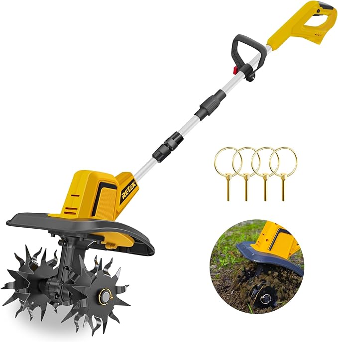 RETEK Adjustable Cordless Tiller, Compatible with Dewalt 20V Battery(Tool Only), 360RPM Electric Garden Tiller, 9.06In Tilling Width & 7.09In Depth, Portable Tiller for Flower Beds/Plant Cultivation
