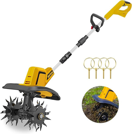 RETEK Adjustable Cordless Tiller, Compatible with Dewalt 20V Battery(Tool Only), 360RPM Electric Garden Tiller, 9.06In Tilling Width & 7.09In Depth, Portable Tiller for Flower Beds/Plant Cultivation