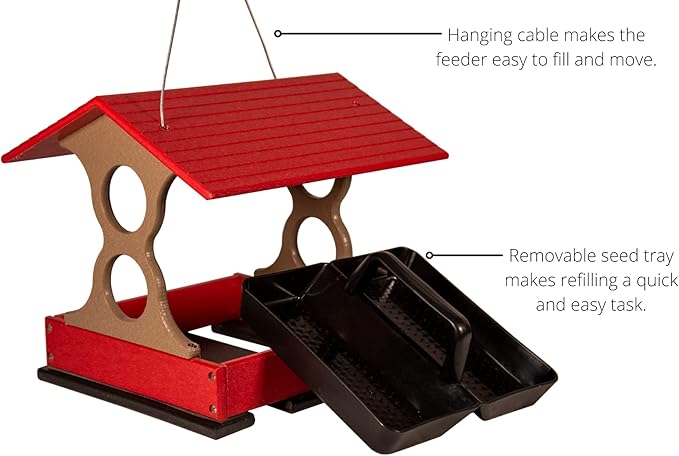 JCS Wildlife Medium Poly Fly-Thru Bird Feeder w/Removable Seed Tray - Holds 4 Cups of Bird Seed to Attract Cardinals, Chickadees, and More Backyard Birds (Red and Tan)