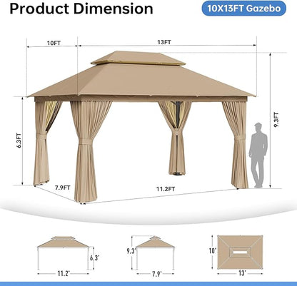 Outdoor Gazebo Metal Frame Patio Pergola Double Roofs Patio Canopy with Double-Layer Door and Mosquito Netting for Deck, Backyard, Lawn (Beige, 10x13FT)