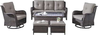Rilyson 6 Piece Outdoor Patio Furniture Set - Rattan Wicker Patio Conversation Sets with 2 Swivel Rocker Chairs,2 Ottomans,1 Sofa and 1 Coffee Table for Outside Porch Deck Backyard(Brown/Grey)