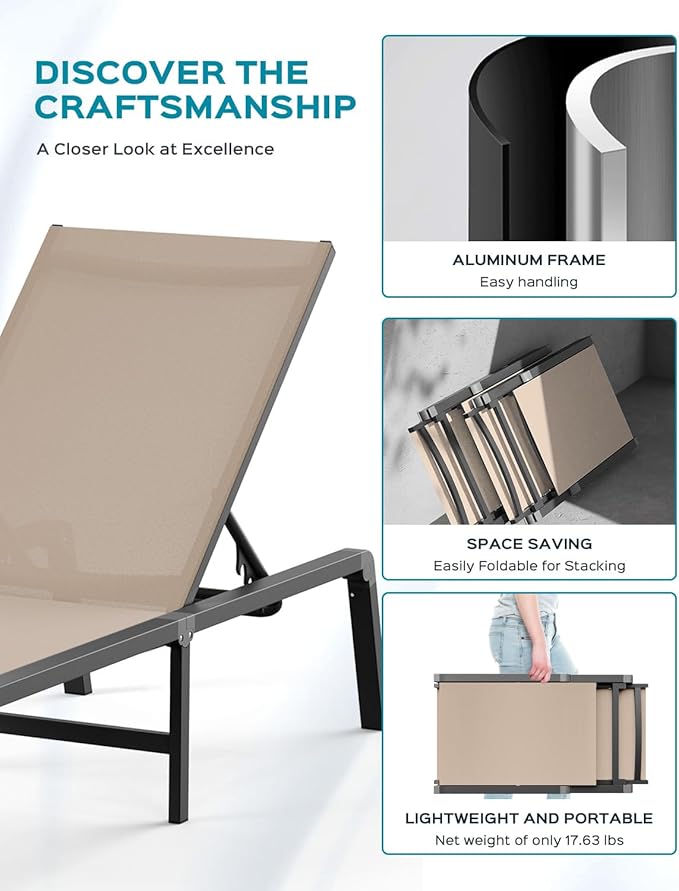 Patio Chaise Lounge Chair, Foldable Lounge Chair for Outside, Aluminum Chairs Set of 2 with 5 Adjustable Backrest, Outdoor Pool Lounger for Poolside, Lawn, Deck, Khaki