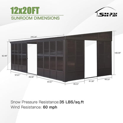 12'x20' Lean to Sunroom, All Weather Wall Mounted Sun Room, Hardtop Aluminum Solarium Gazebo with Galvanized Steel Roof, 3 Sliding Doors, PVC Screen, Outdoor Enclosed Sun Room for Patio, Deck