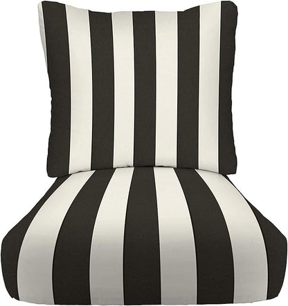 RSH DECOR Deep Seating Cushion with Pillow Back | 22” x 25” x 5" Seat | Water and Fade-Resistant Spun Fabric | Made in USA | Outdoor Chair Cushion Set for Patio Furniture (Black & White Stripe)