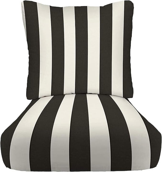 RSH DECOR Deep Seating Cushion with Pillow Back | 22” x 25” x 5" Seat | Water and Fade-Resistant Spun Fabric | Made in USA | Outdoor Chair Cushion Set for Patio Furniture (Black & White Stripe)