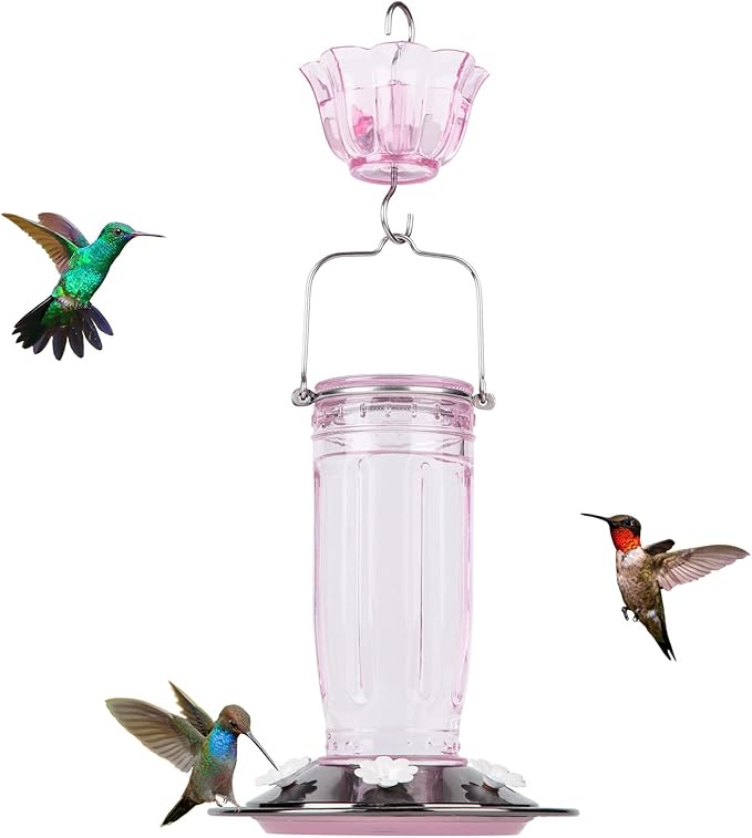 Kingsyard Glass Hummingbird Feeder for Outdoors Wild Bird Feeder with 6 Feeding Ports Hanging for Garden Yard, Pink (Ant Moat Included)