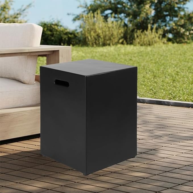 Propane Tank Cover Table, Modern Outdoor Gas Tank Covers, φ16 X 20inch Concrete Tank Storage Box Hideaway Table for Propane Gas Fire Pit and Rectangular Tank Holder with Handles (Black)