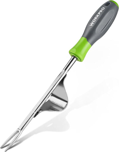 WORKPRO Weed Puller Tool, Metal Leverage Base and V-Shaped Forks for Easy Weed Removal & Deeper Root Digging, Heavy Duty Stainless Steel with Soft Handle, Manual Hand Weeder for Gardening