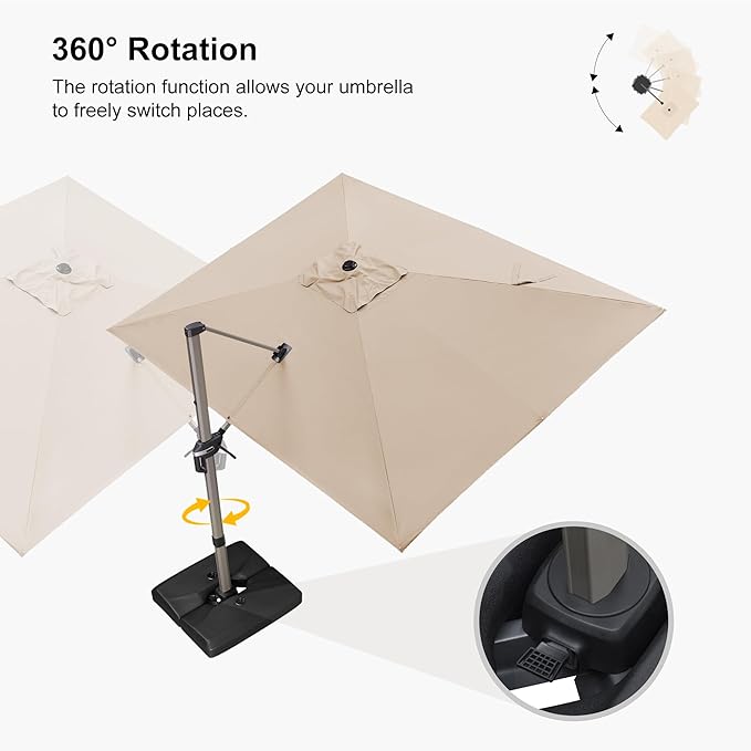 PURPLE LEAF 9' x 11' Patio Umbrella with Base Cantilever Umbrella Rectangular Outdoor Offset Umbrella with Champagne Frame and 360° Rotation for Garden Deck Pool, Beige
