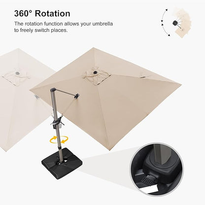 PURPLE LEAF 9' x 11' Patio Umbrella with Base Cantilever Umbrella Rectangular Outdoor Offset Umbrella with Champagne Frame and 360° Rotation for Garden Deck Pool, Beige