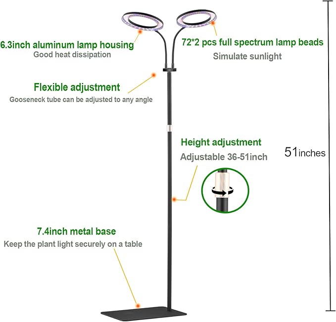 yadoker Desk Plant Grow Light for Indoor Plant, Dual-Head LED Grow Light,Height Adjustable,Automatic Timer with 8/12/16 Hours,10-Level Brightness,Ideal for Large Plant Grow