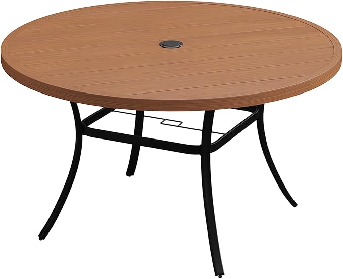 VICLLAX 50" Outdoor Round Patio Dining Table for 4-6, All Weather Metal Dining Table with Umbrella Hole for Deck Lawn Garden Backyard, Walnut