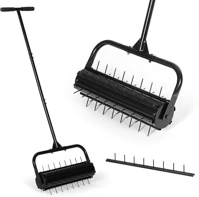 SMONTER Manual Lawn Aerator, 22” Heavy Duty Rolling Aerator Lawn Tool for Yard Garden, Aeration Tool with Spike Soil Penetrator
