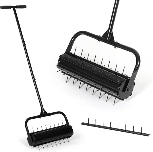 SMONTER Manual Lawn Aerator, 22” Heavy Duty Rolling Aerator Lawn Tool for Yard Garden, Aeration Tool with Spike Soil Penetrator