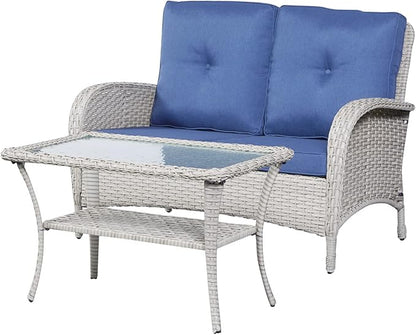 HUMMUH 4-Piece Patio Furniture Wicker Outdoor Conversation Set,All-Weather Rattan Outdoor Bistro Set with Loveseat Chairs Coffee Table for Backyard,Poolside,Deck