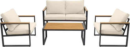 Patio Furniture Set, 4 Pieces Outdoor Patio Furniture with Coffee Table Set, Metal Patio Conversation Sets with Washable and High-Resiliency Sponge Cushions, Upgarded Beige
