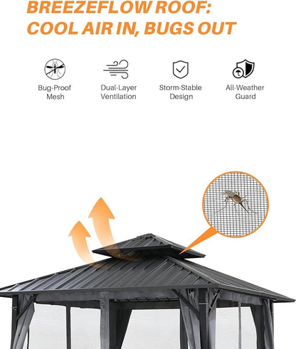 10' x 10' Hardtop Gazebo, Aluminum Frame Outdoor Patio Gazebos with Netting and Curtains, Outdoor Gazebo Canopy, Patio Pergola with Double Steel Roofs for Backyard, Patio, Deck, Slate Gray
