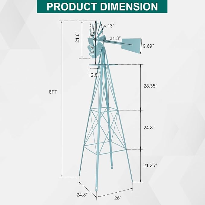 8FT Windmill for Yard Garden Decoration with Weather Vanes，Heavy Duty Outdoor Wind Mills, Large Metal Outdoor Windmill,Weather Resistant,Blue