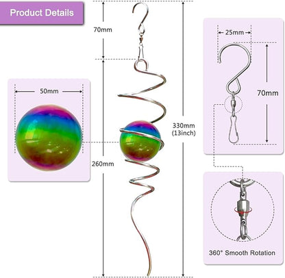 Gazing Ball Spiral Tail with Multi Color Stainless Steel Orb, Wind Spinners Stabilizer, Spiral Tail Wind Spinner, Outdoor Hanging Decoration for Garden Yard Patio Christmas Decor 13inch