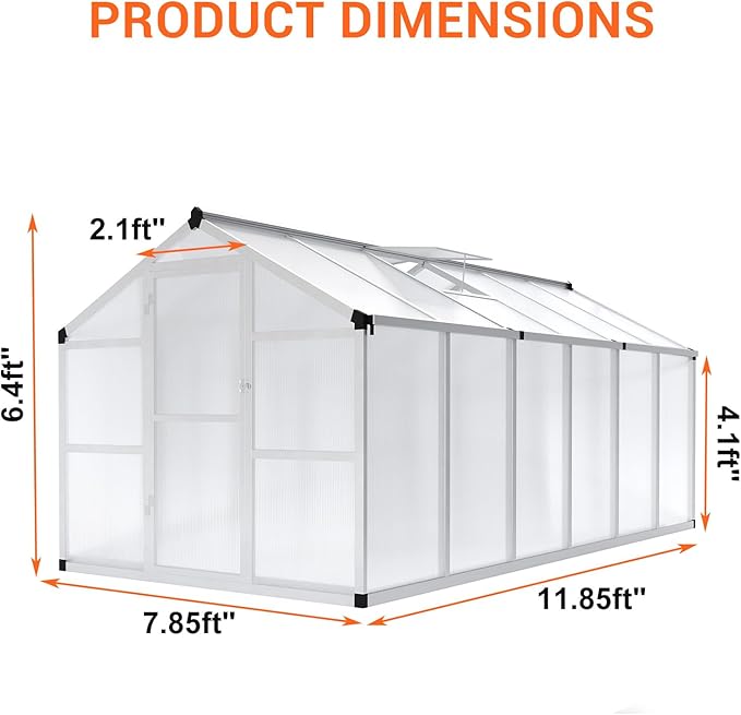 8 x 12 FT Greenhouse, Heavy-Duty Polycarbonate Large Walk-in Greenhouse Roof Vent ,Aluminum Frame & Lockable Door, for Backyard, Green Houses for Outside Garden Backyard