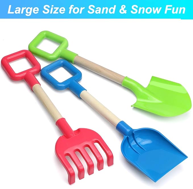Jumbo Beach Shovels Rake Spade Toys Set for Kids, 16" Long Wooden Handle ABS Plastic Sand Scoop, Planting Summer Winter Gift for Mud Sand Snow Digging, Backyard Gardening Tool Accessories, 3 Pack
