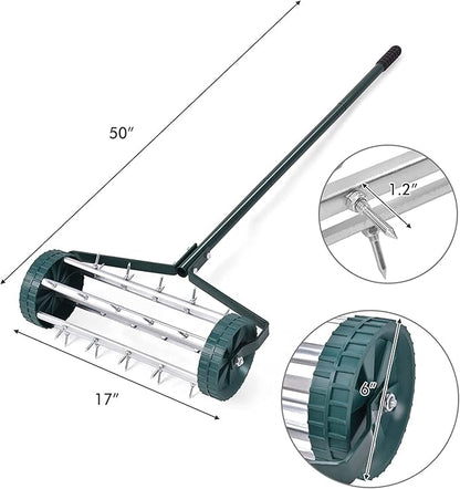 S AFSTAR 17-Inch Rolling Lawn Aerator, Spike Lawn Aerator Roller with 50-Inch Anti-Slip Handle & Tine Spikes, Garden Grass Lawn Soil Aeration Tool, Lawn Aerator Machine for Garden Patio Yard