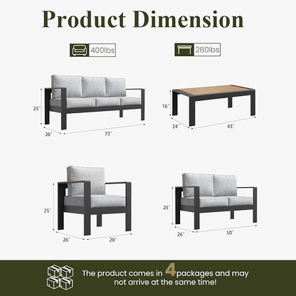 LayinSun 5 Piece Aluminum Outdoor Furniture Set with Coffee Table, Outside Patio Deep Seating Conversation Set with Upgraded Washable Thick Cushion