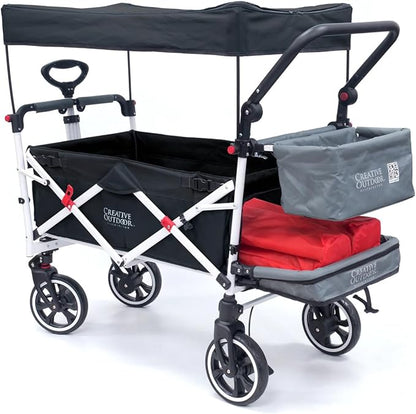 Creative Outdoor Wagon for Kids Push Pull Collapsible Stroller with Canopy Folding Cart | Titanium Series Plus | Beach, Park, Garden (Black & Grey)
