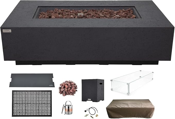 AMS Creations | Madison 60" Bundle Rectangular Propane Gas Outdoor Fire Pit Table | Dark Gray Concrete GFRC | Limestone Texture or Surface | Electronic Ignition | Outside Backyard Fireplace